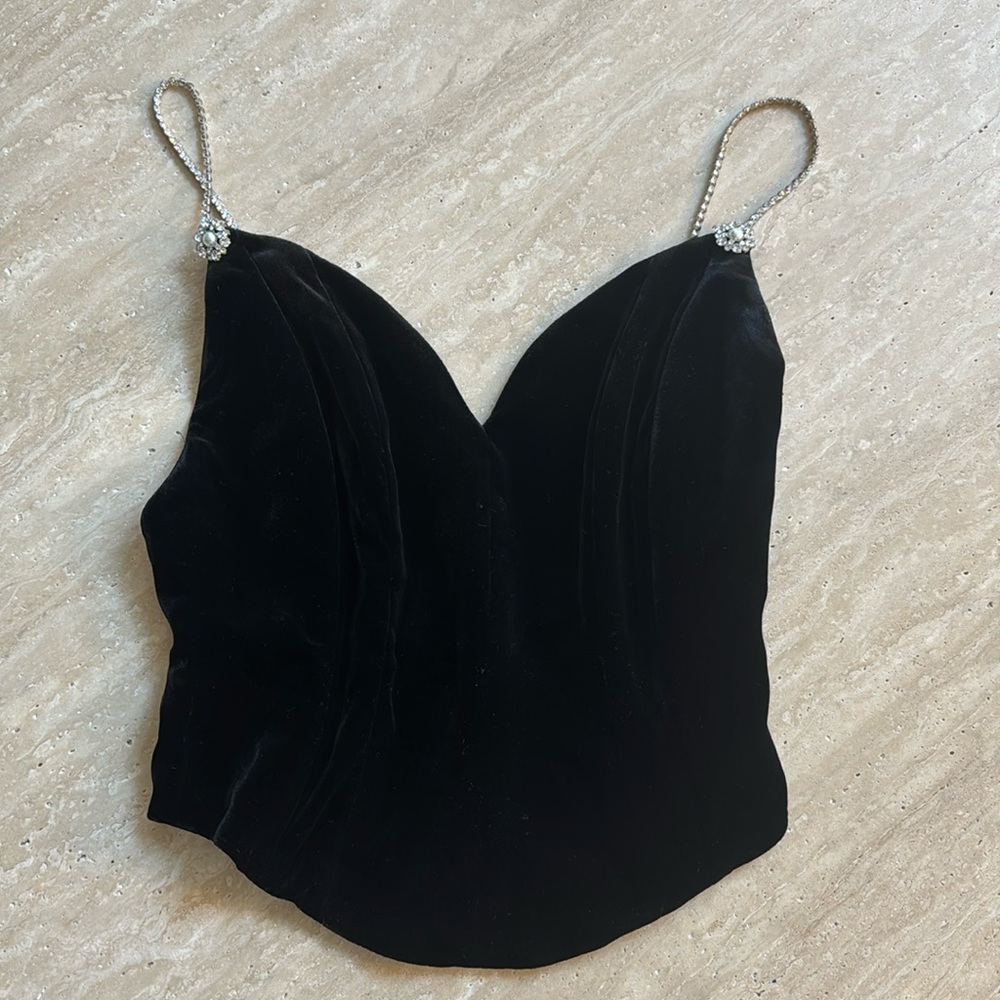 Very elegant and sexy black velvet top with rhinestones.